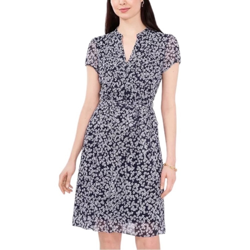 NWT MSK navy blue floral chiffon midi dress size 18 cap sleeve tie belt waist
